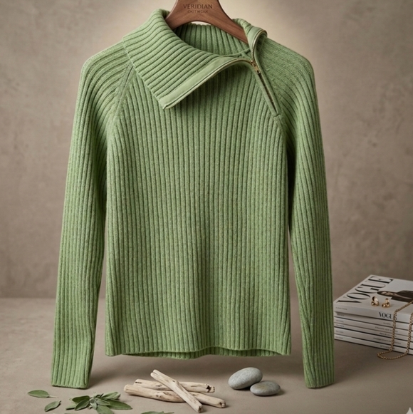 Reitmans Sweaters - Reitmans XL Sage Green 100% Cotton Asymmetrical Zip Ribbed Sweater